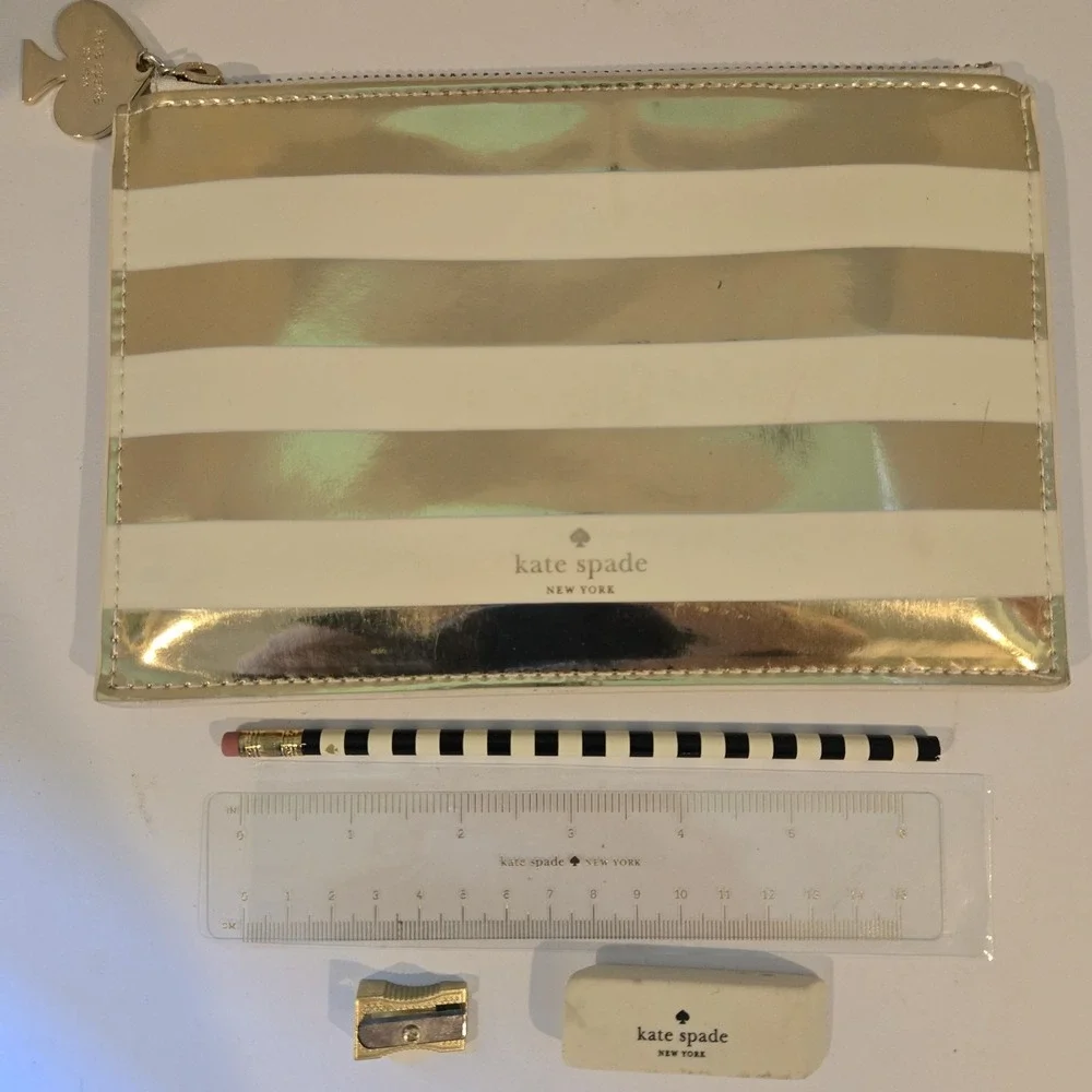 KATE SPADE Pencil Pouch W/ Accessories pencil, Eraser,Ruler, Sharpener Gold Tone